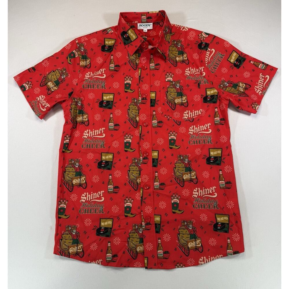 Shiner Holiday Cheer Button Up Shirt Mens Medium Red Christmas Beer Santa
